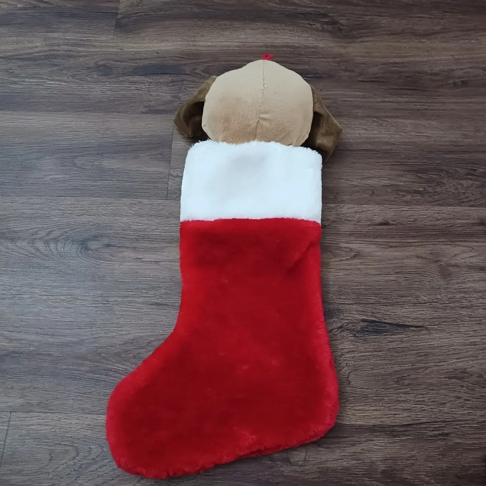 Prima Creations Plush Puppy Dog Christmas Stocking Red White Faux Fur 3D Beagle